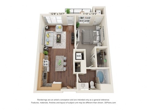 Floor plan for 1 bed, 1 bath, 723 sqft